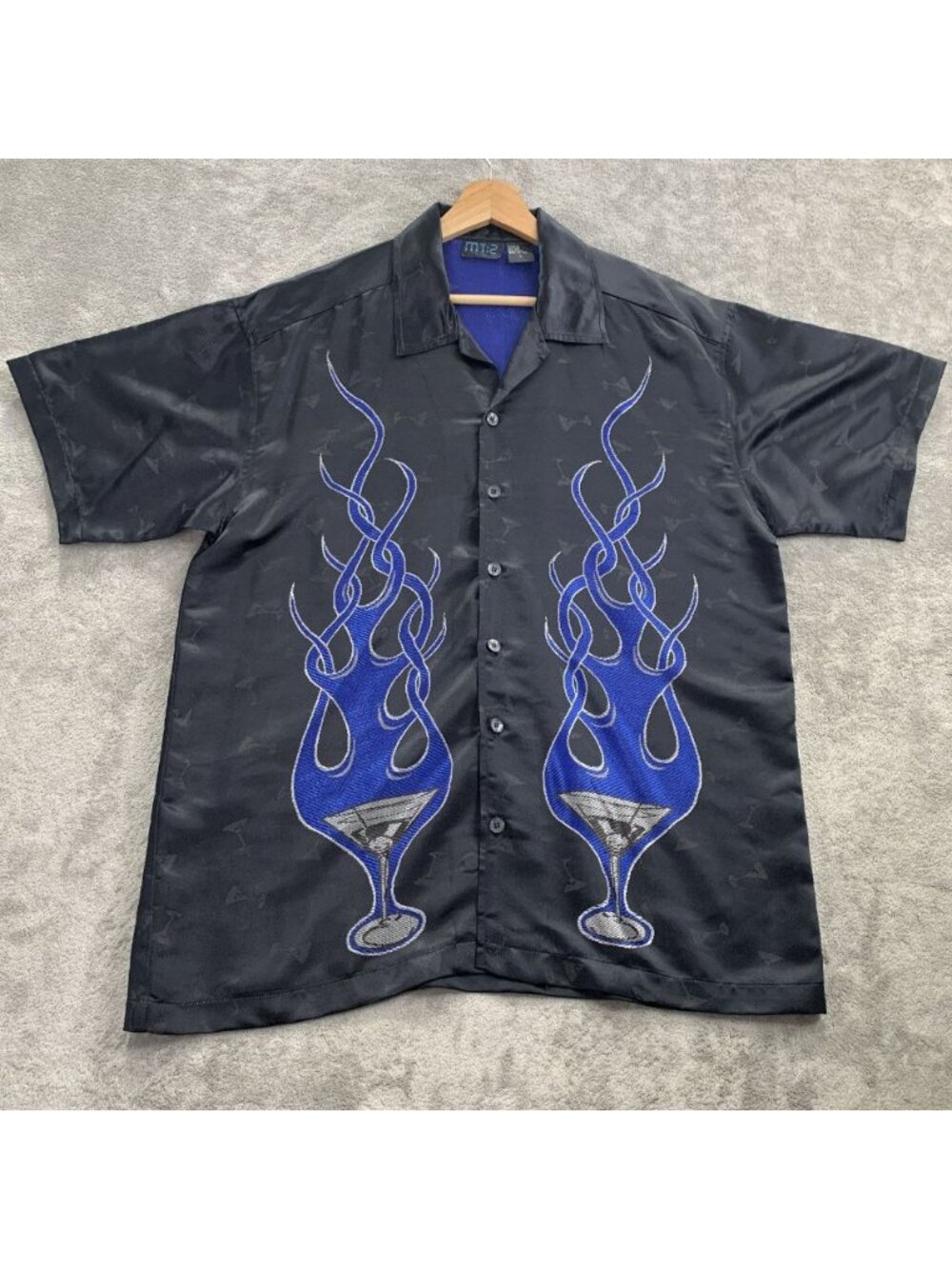 MT:2 Shirt Mens Large Flaming Martini Button Up Black Rayon Blend Vintage Y2K